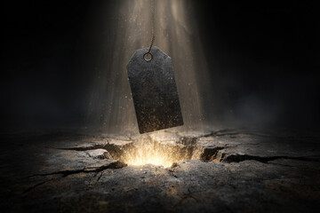 Black sign floated on the broken ground with a golden light shooting out