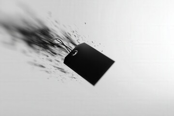 Close-up of a floating black tag in motion blur on white background, faint fragments trailing behind to imply speed