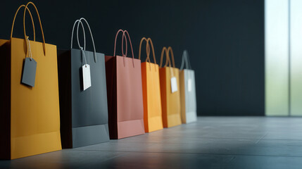 Shopping bags are lined up on the floor with clearly visible labels hanging from the handles