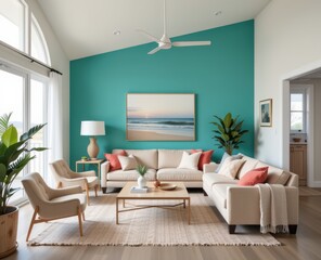 Bright, modern living room with a stylish design and vibrant turquoise wall.