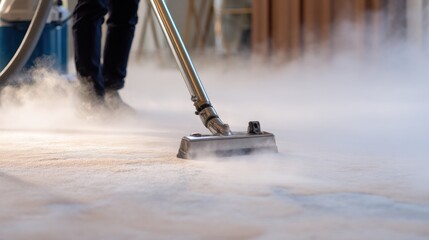 Professional carpet cleaning with steam machine close up view for restoration