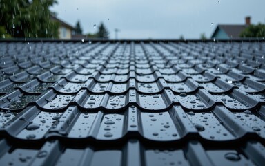 Obraz premium Rainwater on a textured black metal roof with a cloudy sky above.
