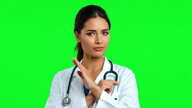A female doctor shaking her head while posing with her two arms crossed. A gesture of saying no or stop. Isolated on green screen background.