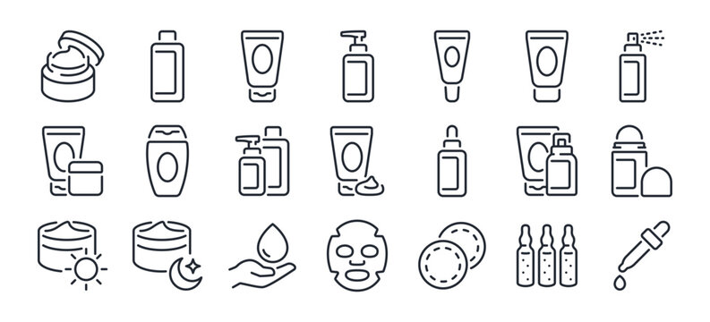 Skincare product editable stroke outline icons set isolated on white background flat vector illustration. Pixel perfect. 64 x 64.