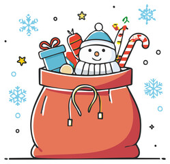 Cute snowman peeks out of a bulging red Christmas gift bag with holiday treats