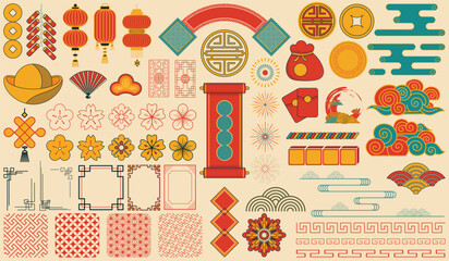 Traditional Chinese New Year Decorative Elements Set – Oriental Festival Symbols and Ornaments