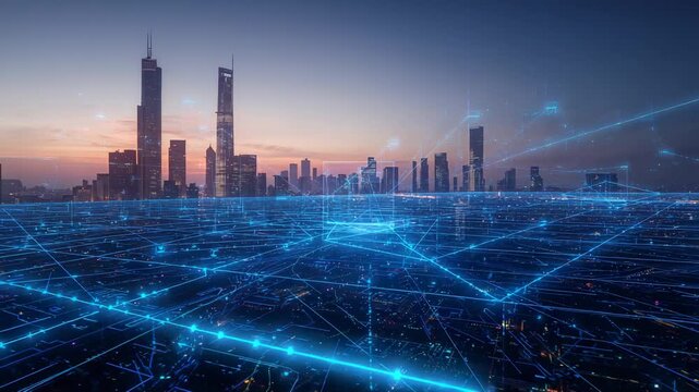 Fading in digital network grid layer pulsing over city skyline at dusk showing data flow