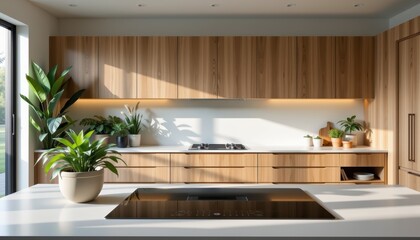 Fototapeta premium Modern kitchen with wooden cabinets, plants, and a sleek countertop.