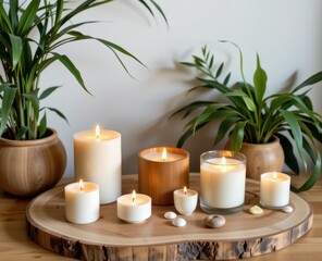 A tranquil display of candles surrounded by greenery on a wooden platter.