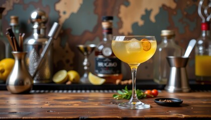 Cocktail with citrus garnish on a rustic bar, surrounded by bartending tools.