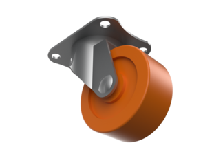 Orange Polyurethane Industrial Swivel Caster Wheel 3D Render HD. Replacement Heavy Duty Machinery and Logistics Equipment Component with Metal Mounting Bracket on Transparent BG. Smooth Rolling