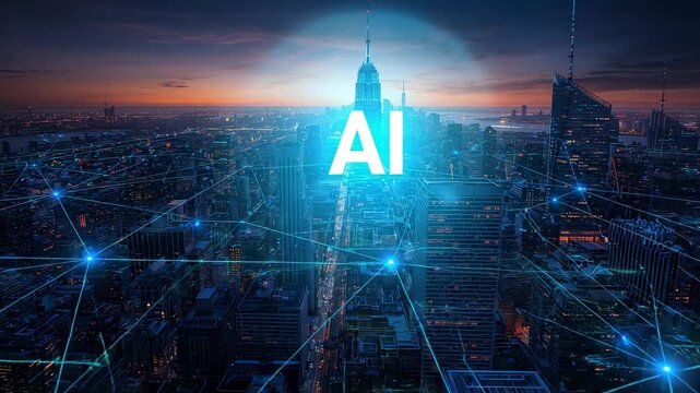 Forming blue node grid across dusk skyline, pulsing AI text with user padlock folder data icons