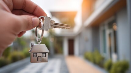 Hand holding keys with house keychain near building exterior sunny day