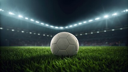 Obraz premium Soccer ball on a lush green grass field in a brightly lit stadium at night