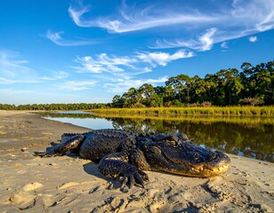 Large alligator basks on a sandy bank beside a calm water body