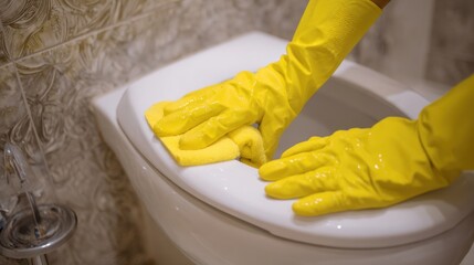 Person cleaning toilet with yellow gloves and cloth in bathroom