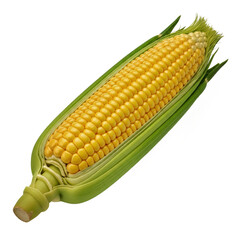 Single Corn Cob with Bright Yellow Kernels and Partially Peeled Green Husk