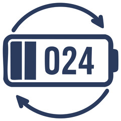 Digital battery icon displaying 024 charge level with looping arrows representing power cycle.