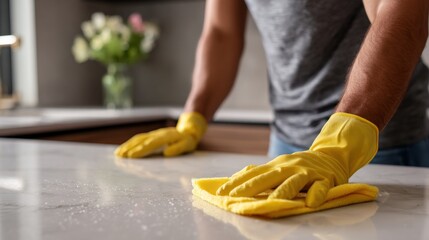Person cleaning kitchen surface wearing yellow gloves cleanliness concept