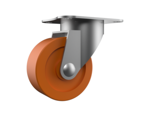 Orange Polyurethane Industrial Swivel Caster Wheel 3D Render HD. Replacement Heavy Duty Machinery and Logistics Equipment Component with Metal Mounting Bracket on Transparent BG. Smooth Rolling