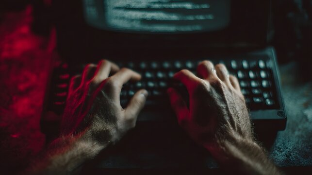 Focused hands typing on a vintage keyboard in a dimly lit room illuminated by red ambient light with a blurred screen