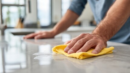 Person cleaning surface with yellow cloth creating water marks