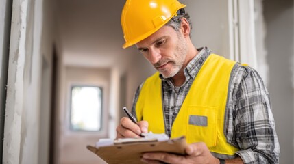 Construction worker inspecting project plans indoors safety gear clipboard