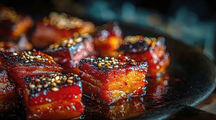 Glossy cubes of caramelized pork belly glazed with soy sauce and topped with golden sesame seeds, foreground bokeh highlights texture, rich colors suggest Chinese cuisine comfort food concept