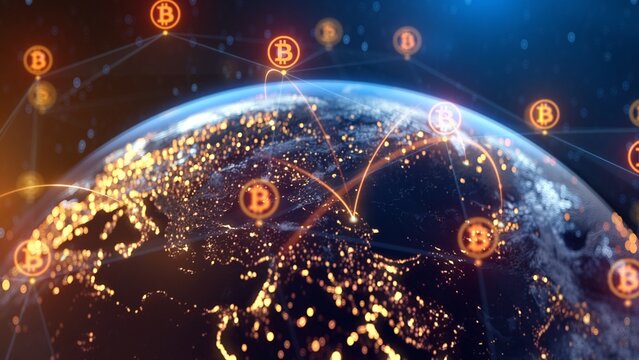 Global Bitcoin Blockchain Network - Cryptocurrency World Map, Digital Finance, Data Flow, BTC Virtual Money, Global Payments, Crypto Trading, Financial Technology Background