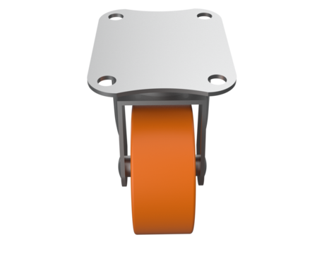 Orange Polyurethane Industrial Swivel Caster Wheel 3D Render HD. Replacement Heavy Duty Machinery and Logistics Equipment Component with Metal Mounting Bracket on Transparent BG. Smooth Rolling