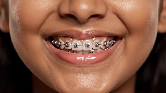 Woman with dental braces showing a wide smile, close up on her orthodontic appliance for teeth alignment footage