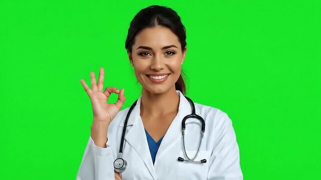 A female doctor giving an ok hand sign. Isolated on green screen background.