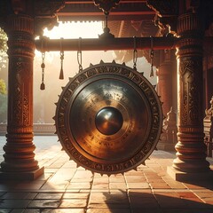 Large circular metal percussion instrument, hanging in a temple setting