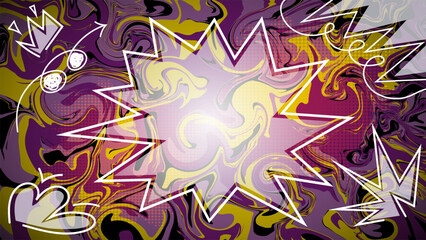 Dynamic abstract pop art background featuring bold white comic-style lines, swirling purple, yellow, and pink colors. Perfect for creative projects, posters, fashion prints, and modern digital design.