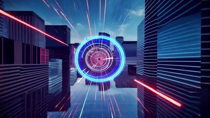 Initializing interface pulsing rotating beams over striped blocks in city, forming cyan red tunnel - Powered by Adobe