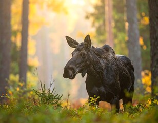 Large dark moose stands in a sunlit, golden-hued forest