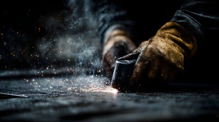 Close up of a welder s gloved hands creating sparks and smoke with a torch