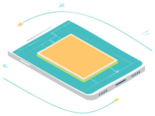 Isometric digital interface with layered elements and airplane icons signifying global connectivity