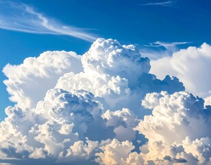 Large, fluffy, sunlit cumulus clouds dominate a bright blue sky