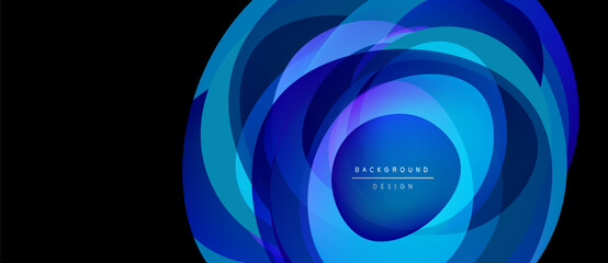Abstract blue layers create circular design. Bright center draws attention, gradients offer depth. Modern background element.