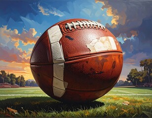 Large football on a field against a sunset