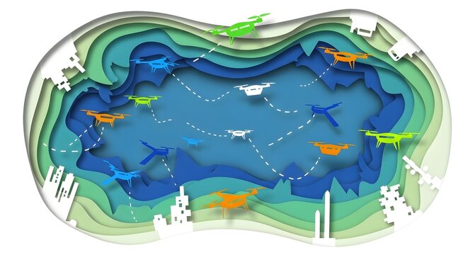 A fleet of colorful drones flying in a network over a layered paper-cut landscape of water and land.