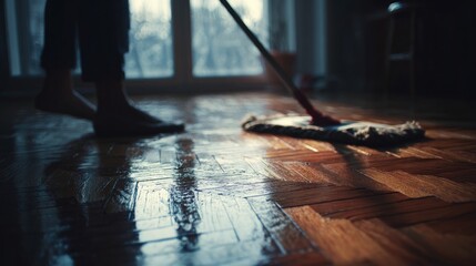 Person mopping wet wooden floor cleaning with mop in natural light setting