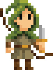 Rogue or bandit archer fantasy cartoon character in a video game sprite pixel art style. 19 squares wide by 25 high.