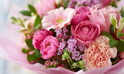 close up of a beautiful romantc bouquet of pink flowers