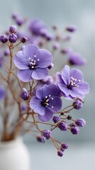 Close up macro artistic photo of delicate purple wildflowers with water droplets on petals set against a soft grey blurred background creating a serene and natural atmosphere