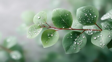 Close Up Macro Botanical Shot of Green Leaves Covered in Sparkling Water Droplets on a Branch with Soft Bokeh Background in Natural Light