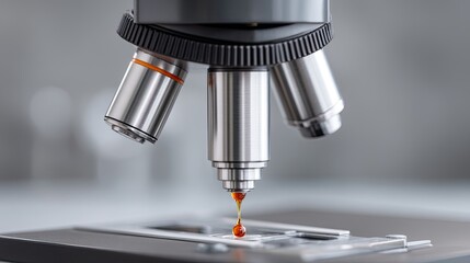 Close-up Macro Laboratory Microscope Lens With Amber Liquid Droplet Suspended Above Slide In Scientific Research Setting With Soft Focus Background