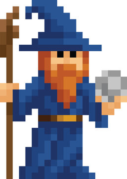 Blue wizard fantasy cartoon character in a video game sprite pixel art style. 20 squares wide by 28 high.