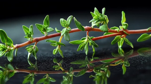 Close up of fresh thyme sprig with green leaves and red stem detail